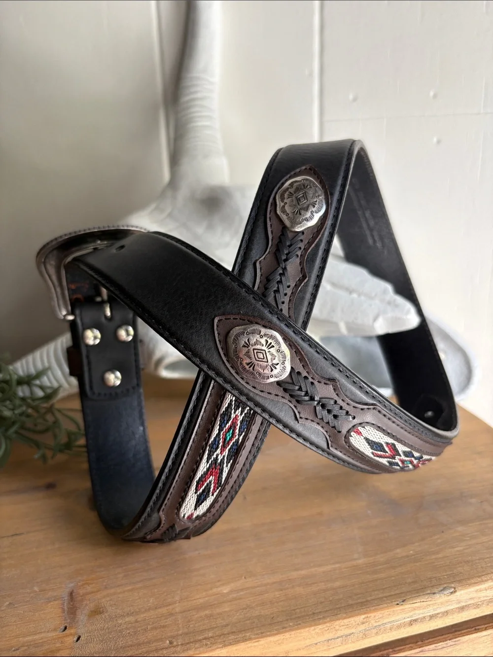 Wrangler Black Leather Belt with Brown Loop and Silver Buckle